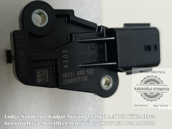 Lodgy Sandero 2 Kadjar Nissan Qashqai 1.5 DCI Kütle Hava Sensörü Hava Akış Ölçer Sensörü  226802715R 8201680522 - Görsel 2